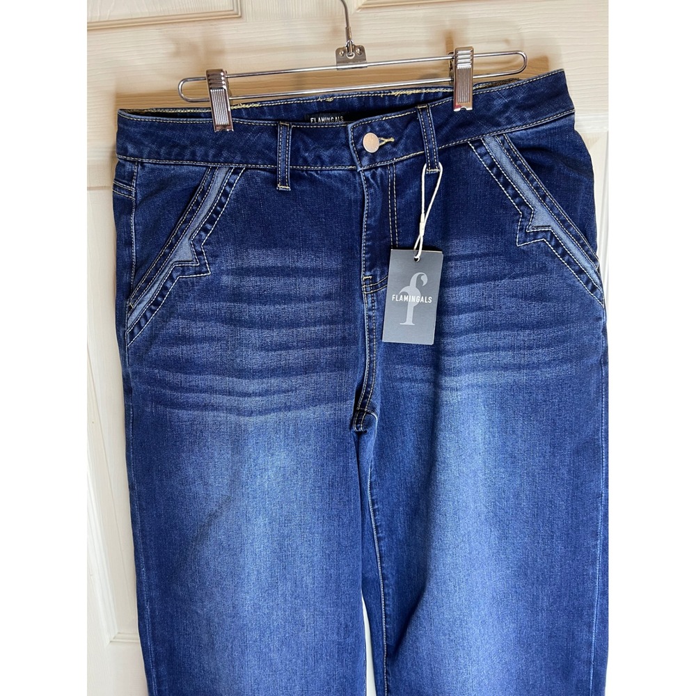 Flamingals Womens Star Pocket Wide Leg Jeans Medium Wash Denim Blue‎ Size L NWT